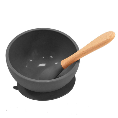 Non Toxic Kids Feeding Silicone BPA Free Suction Bowl With Wooden Handle Spoon